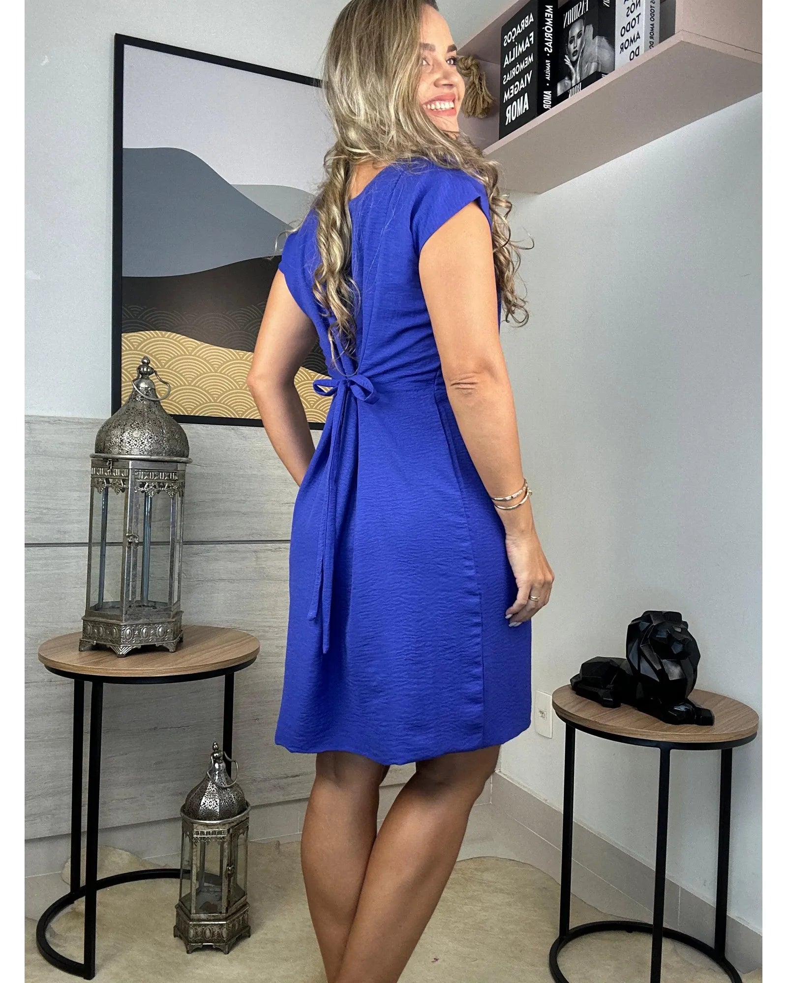 Vestido Saia Pregas Gola Dupla Forrado Confort Flow Azul Royal